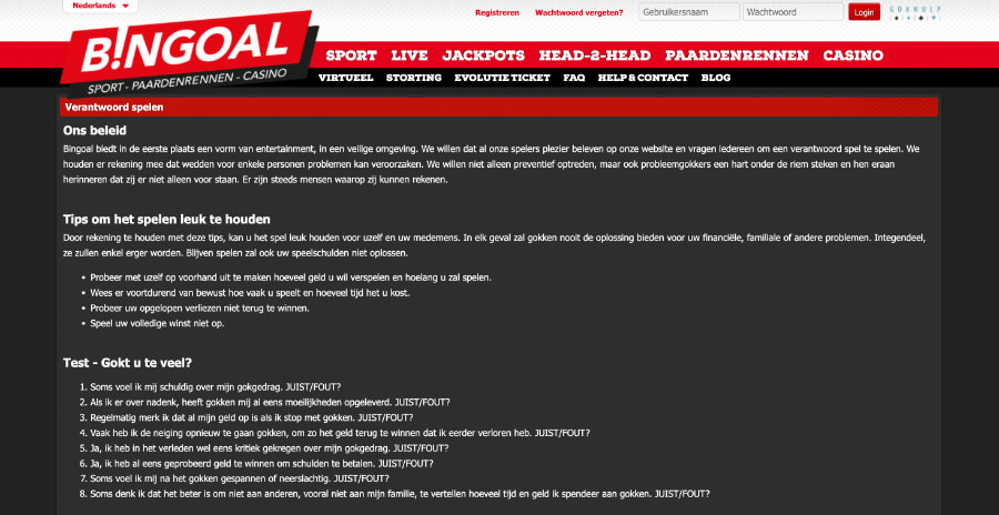 Het beleid van Bingoal aangaande verantwoord spelen