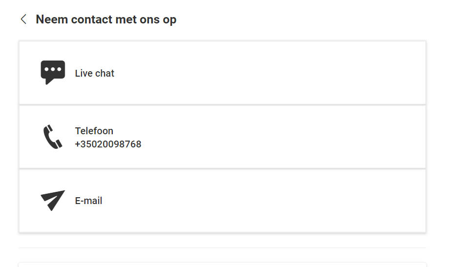 De 'hulp en contact' opties van Bwin Bwin klantenservice pagina