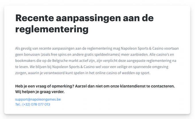Geen casino bonussen meer op Napoleon Games en andere legale kansspelwebsites! Napoleon Games casino bonus ban