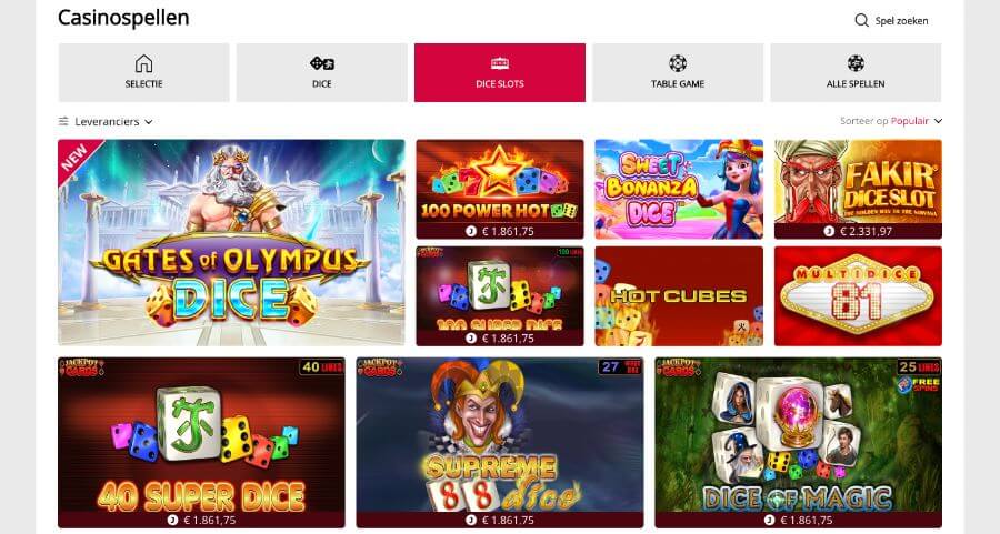 Dice slots op Panache.be